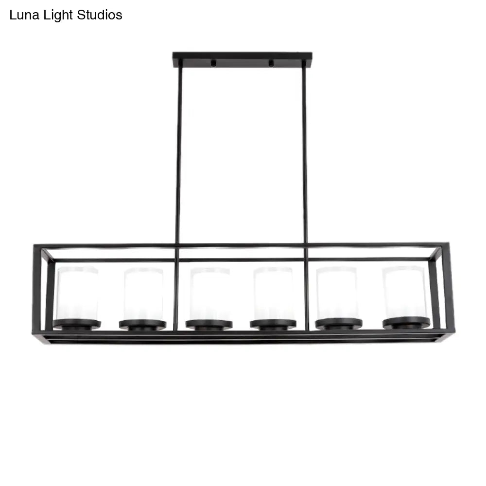 Traditional Cylinder Glass Island Light With Black Rectangle Frame - 3/6 Lights Dining Room Hanging