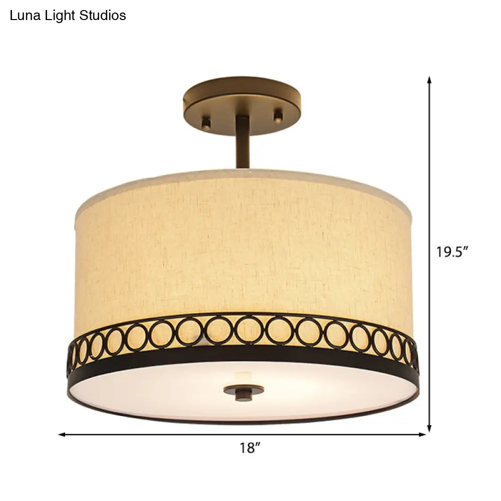 Traditional Fabric Drum Semi-Mount Ceiling Lamp - White 5 Lights For Living Room