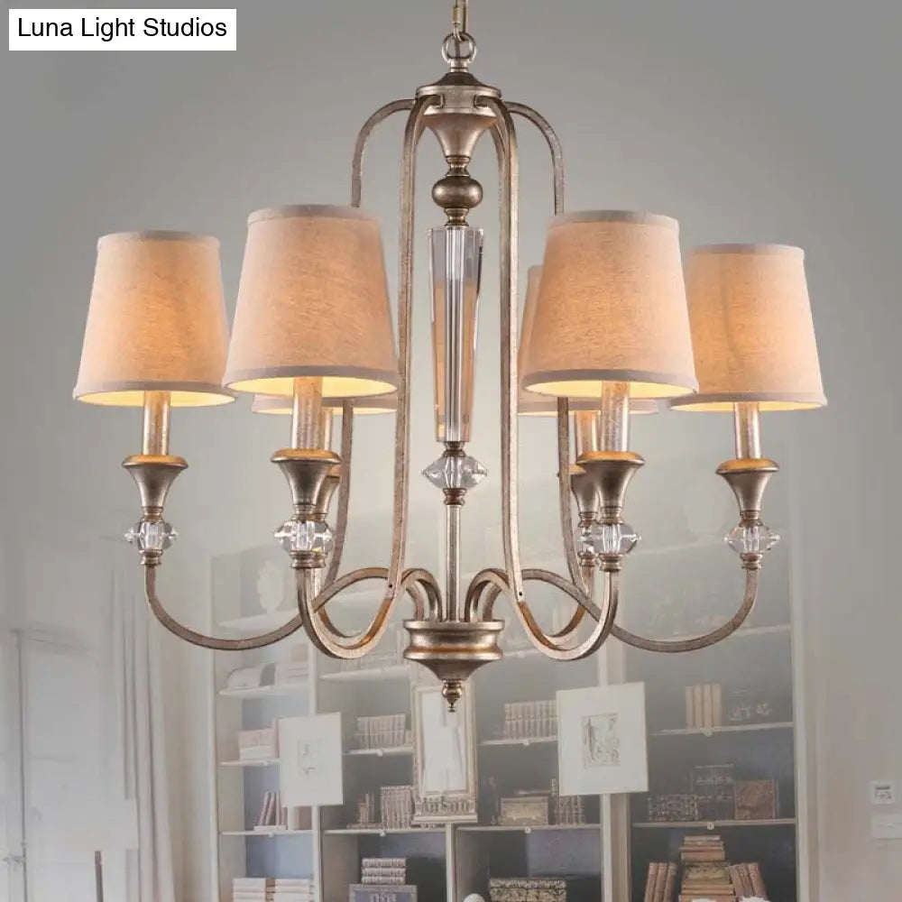 Traditional Fabric Pendant Chandelier - Cone Shape White 3/6 Lights Curved Arm Hanging Fixture For