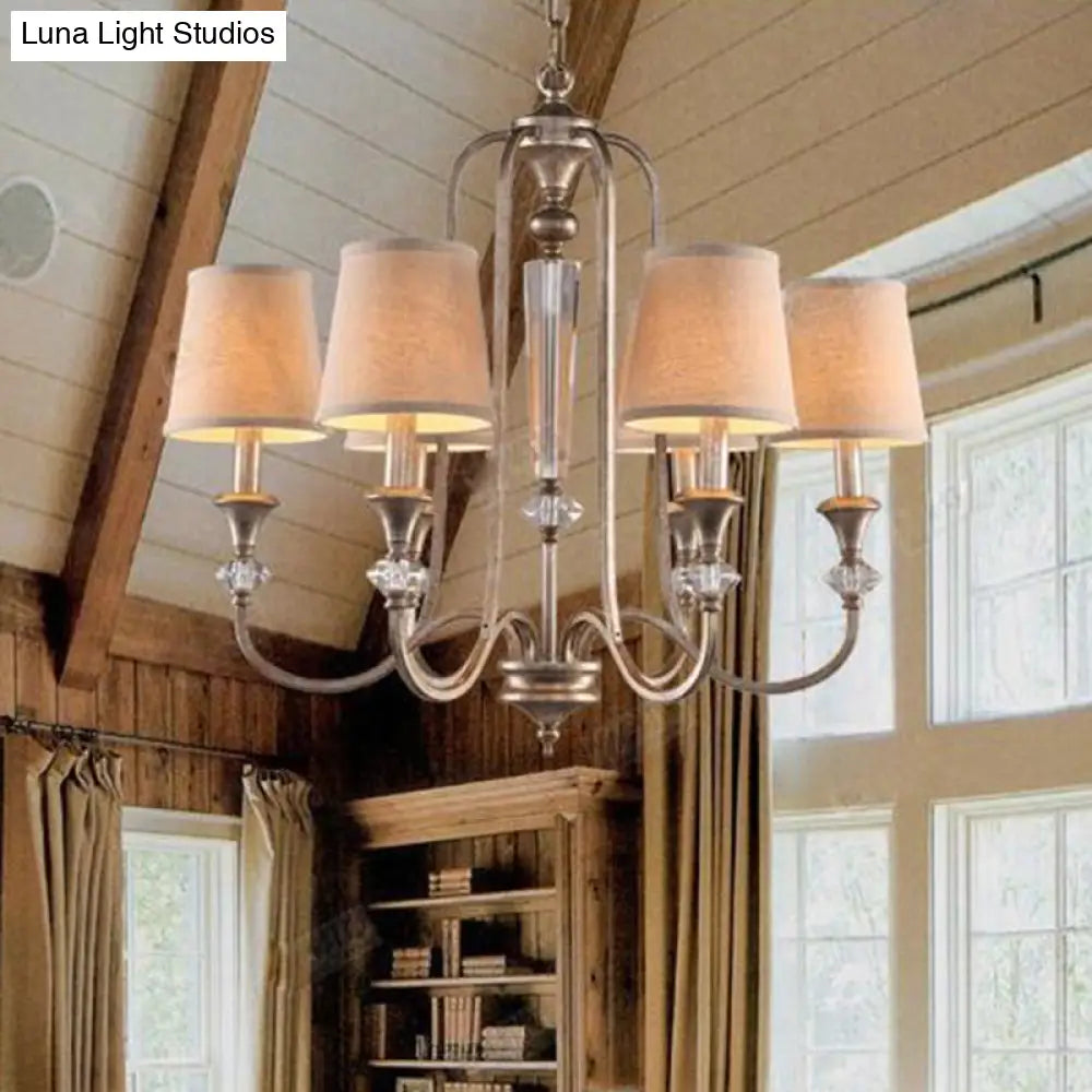 Traditional Fabric Pendant Chandelier - Cone Shape White 3/6 Lights Curved Arm Hanging Fixture For