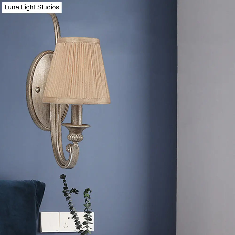 Traditional Flaxen Fabric Sconce: 1-Light Curved Arm Wall Lighting For Bedroom