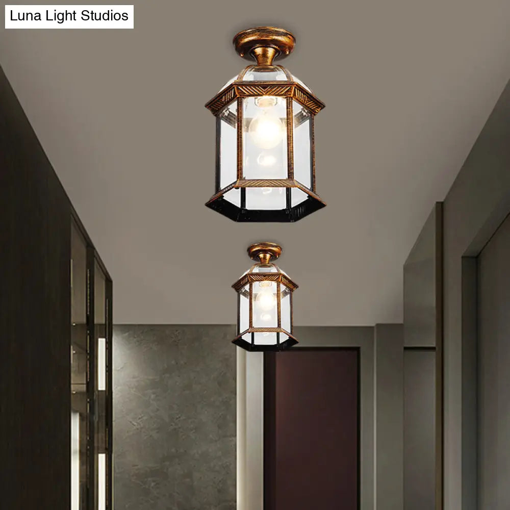 Traditional Flush Mount Cage Lantern With Single Bulb In Black/Brass 8’/9.5’ Wide