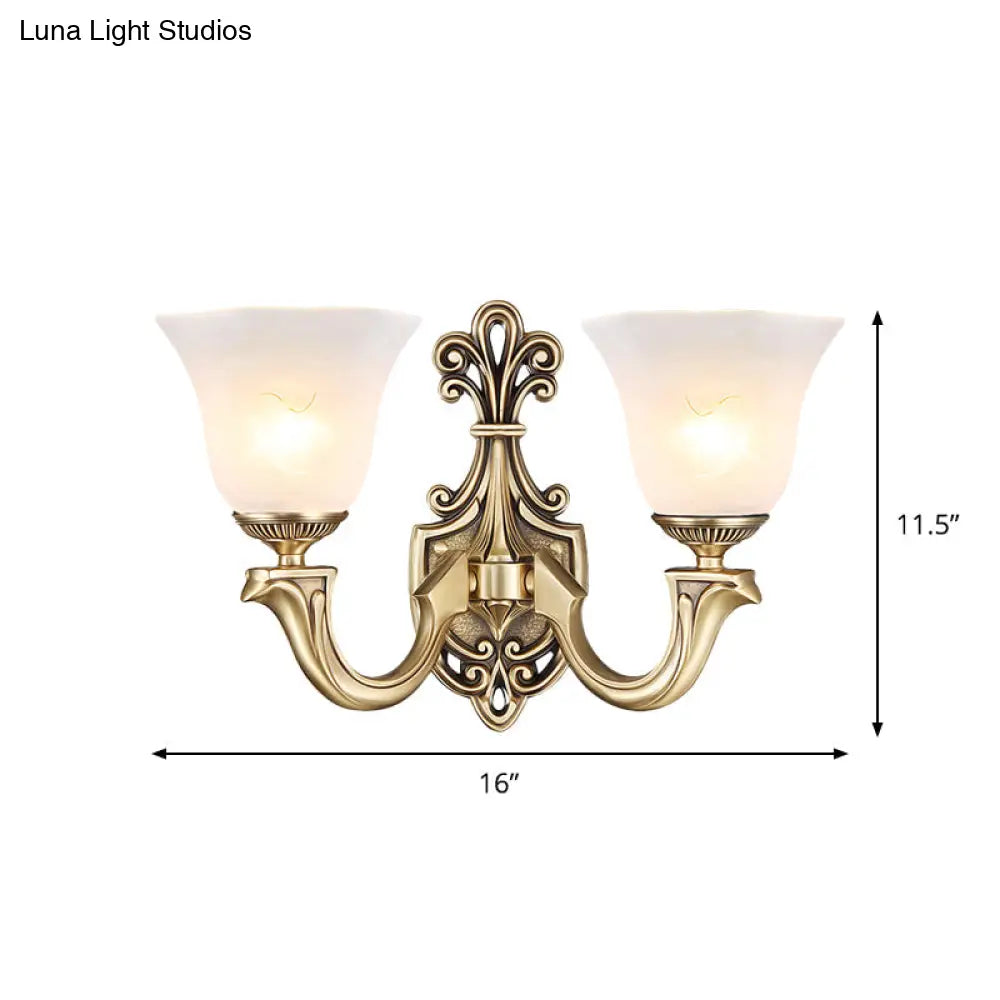 Traditional Frosted Glass Wall Mounted Lamp With Gold Finish - Inverted Bell Design And Curved Arm