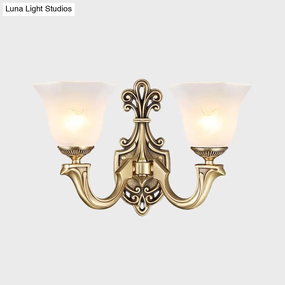 Traditional Frosted Glass Wall Mounted Lamp With Gold Finish - Inverted Bell Design And Curved Arm
