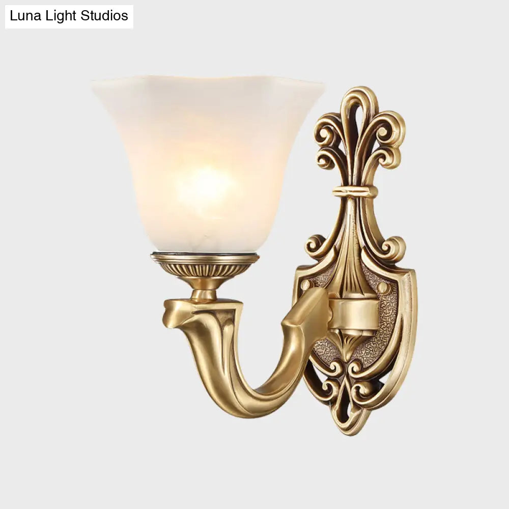 Traditional Frosted Glass Wall Mounted Lamp With Gold Finish - Inverted Bell Design And Curved Arm