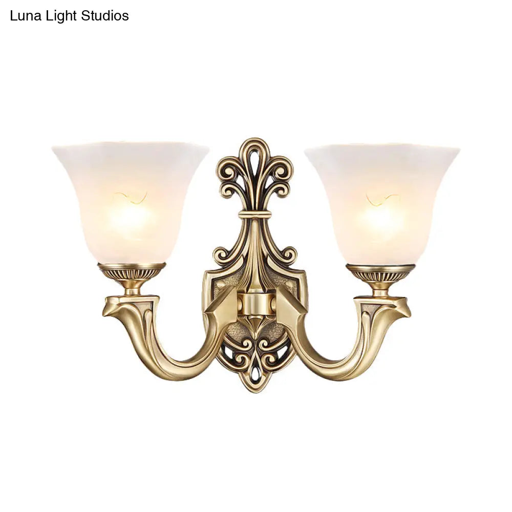 Traditional Frosted Glass Wall Mounted Lamp With Gold Finish - Inverted Bell Design And Curved Arm