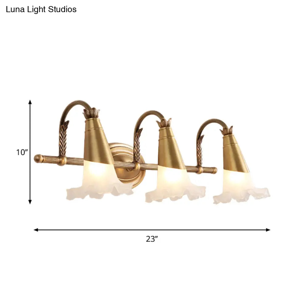 Traditional Gold Cone Vanity Lighting - White Glass 1/2/3-Head Bathroom Wall Lamp With Lettuce Trim