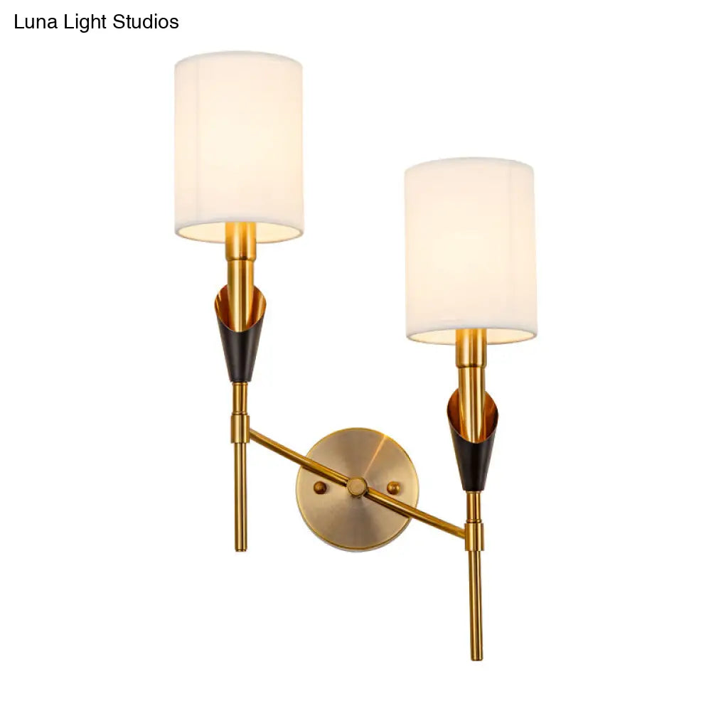 Traditional Gold Metal Wall Sconce Light With Fabric Shade - Cylinder Design