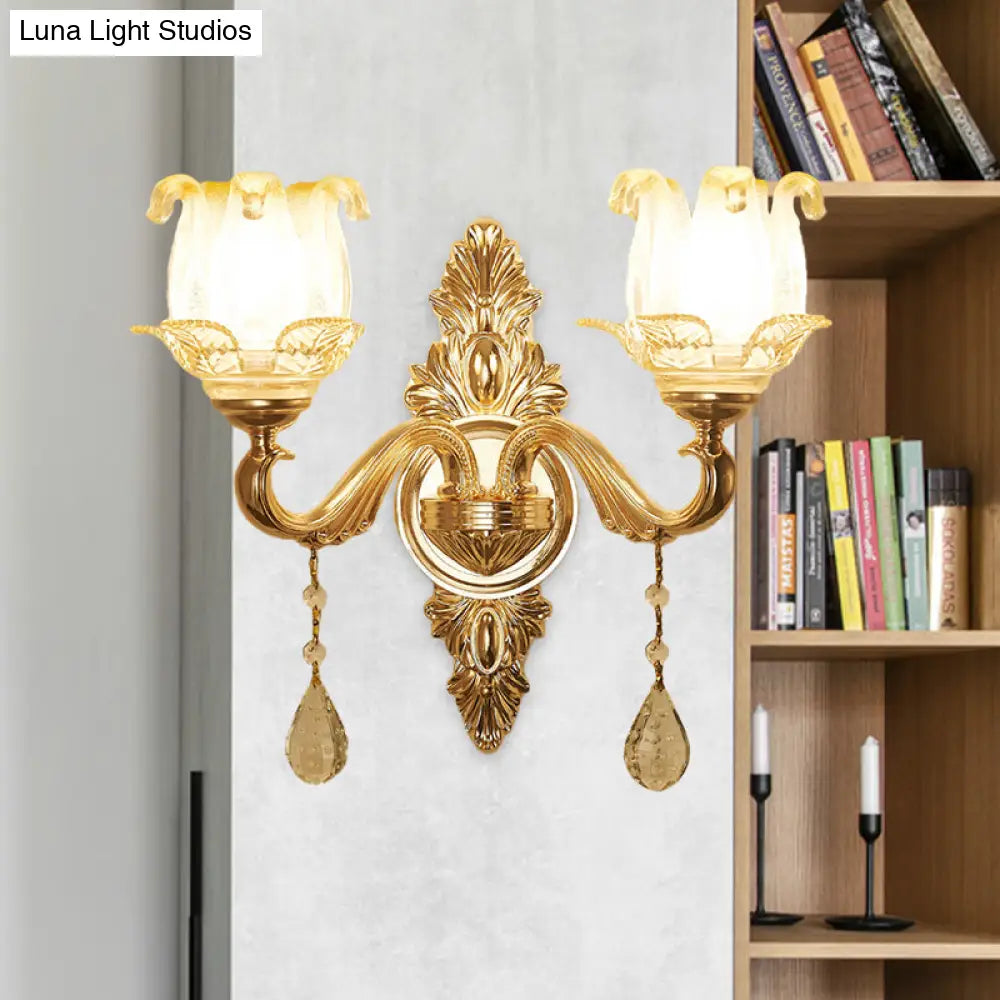 Traditional Gold Sconce Light With Frosted Glass Floral Design - Ideal For Living Room Wall Lighting