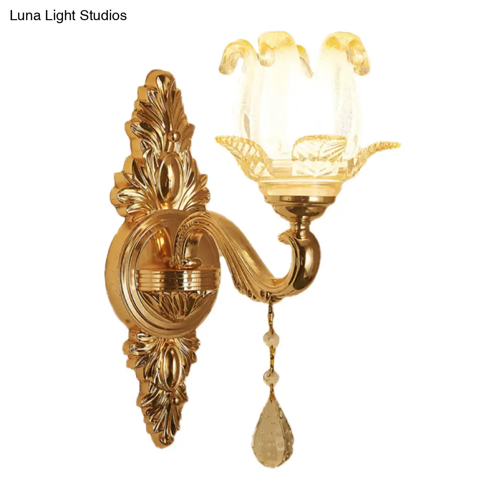 Traditional Gold Sconce Light With Frosted Glass Floral Design - Ideal For Living Room Wall Lighting