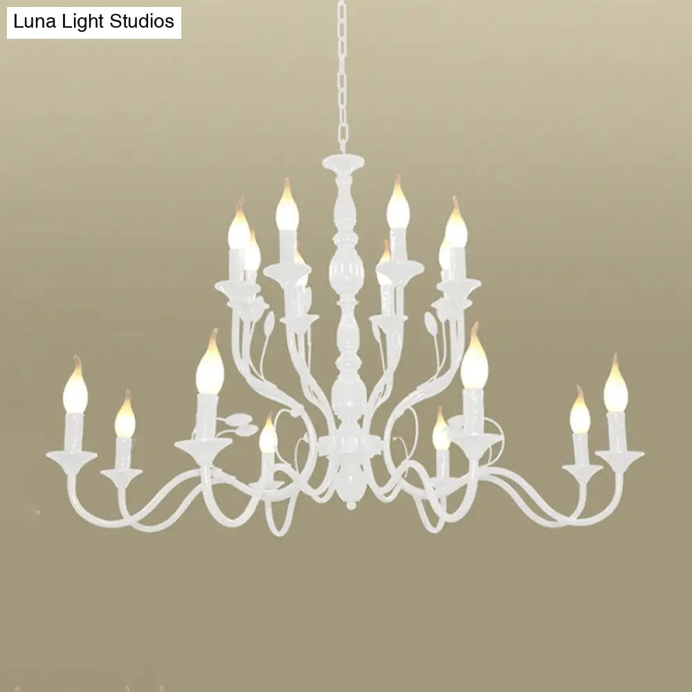 Traditional Metal 2-Tier Candle Chandelier - 10/12/16 Heads White Pendant Lamp For Living Room