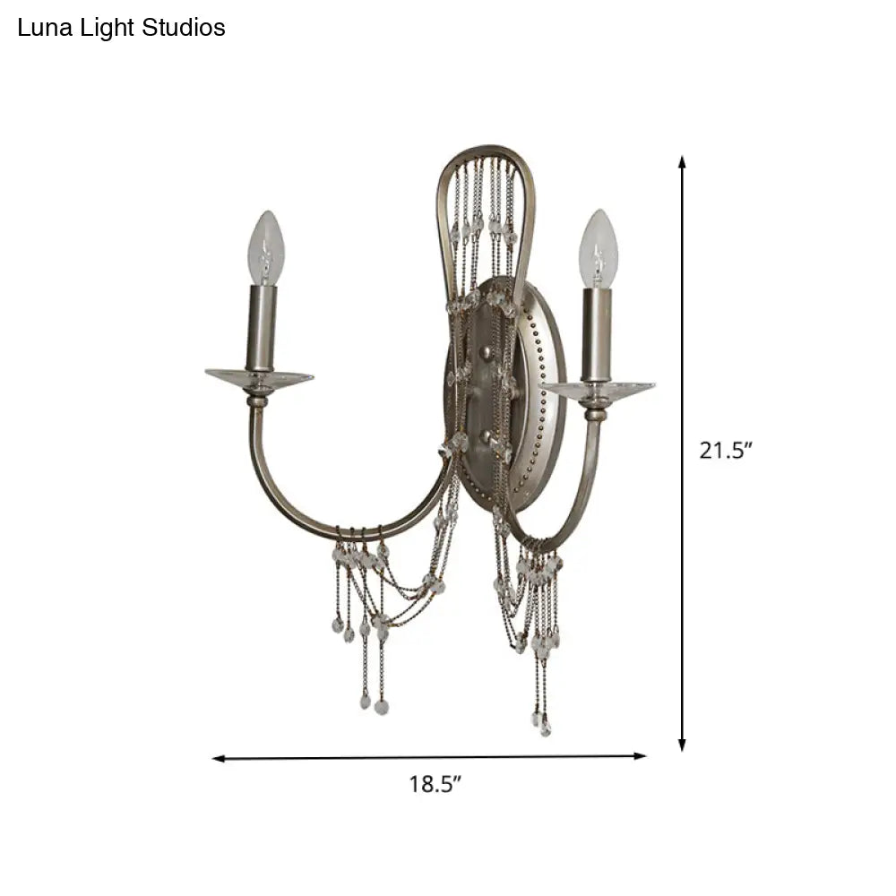 Traditional Metal Bedroom Wall Light With Crystal Drop- 2-Light Open Bulb Sconce - Chrome Finish