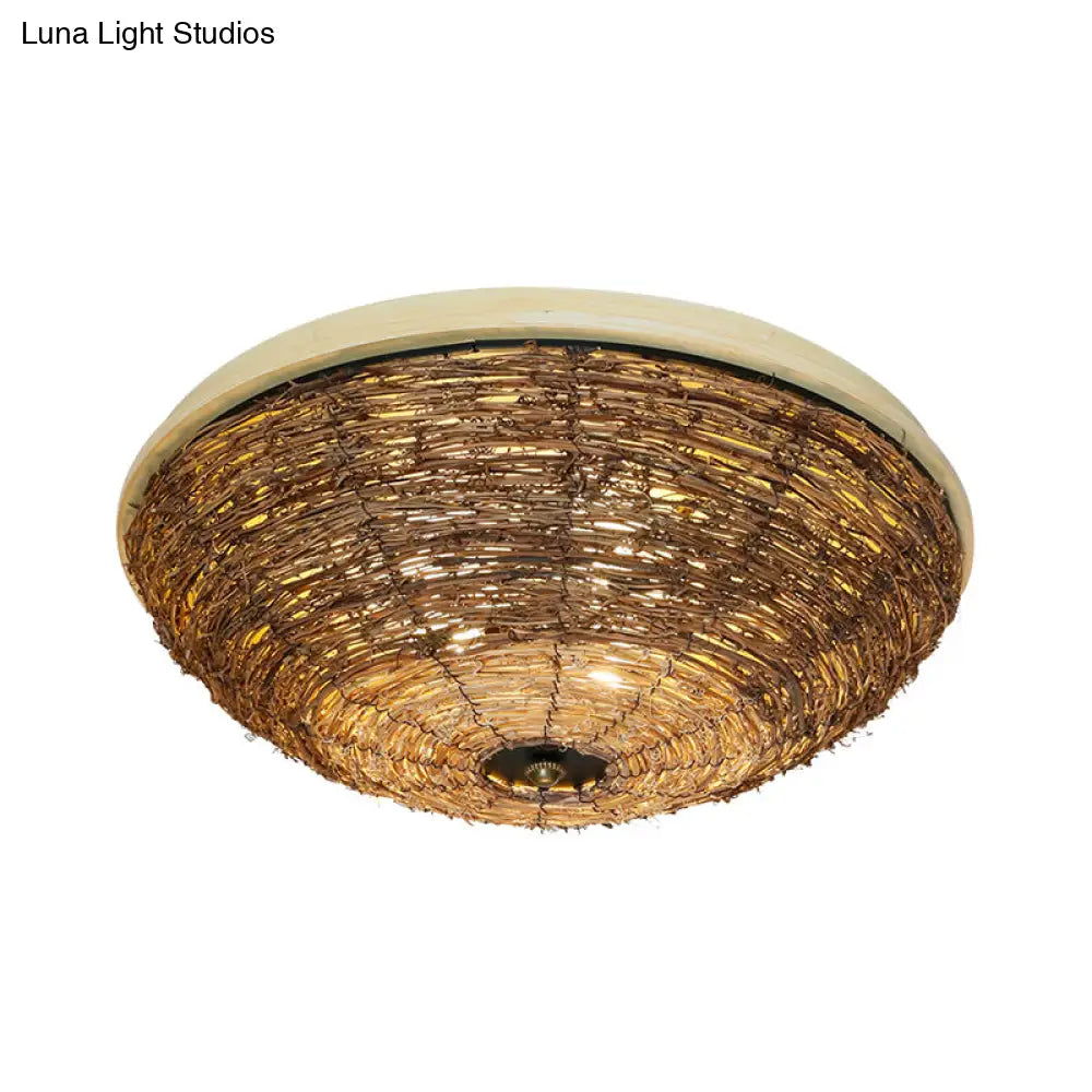Traditional Rattan Wood Bowl Flush Ceiling Lamp - 3 Bulb Light Fixture 12.5’/16.5’ Wide