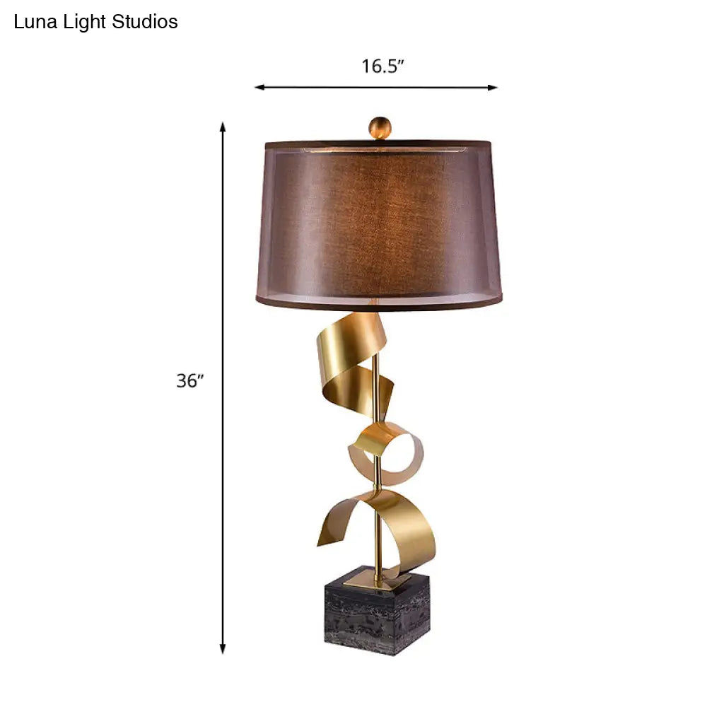 Traditional Red Brown Bedroom Table Lamp With Drum Fabric Shade