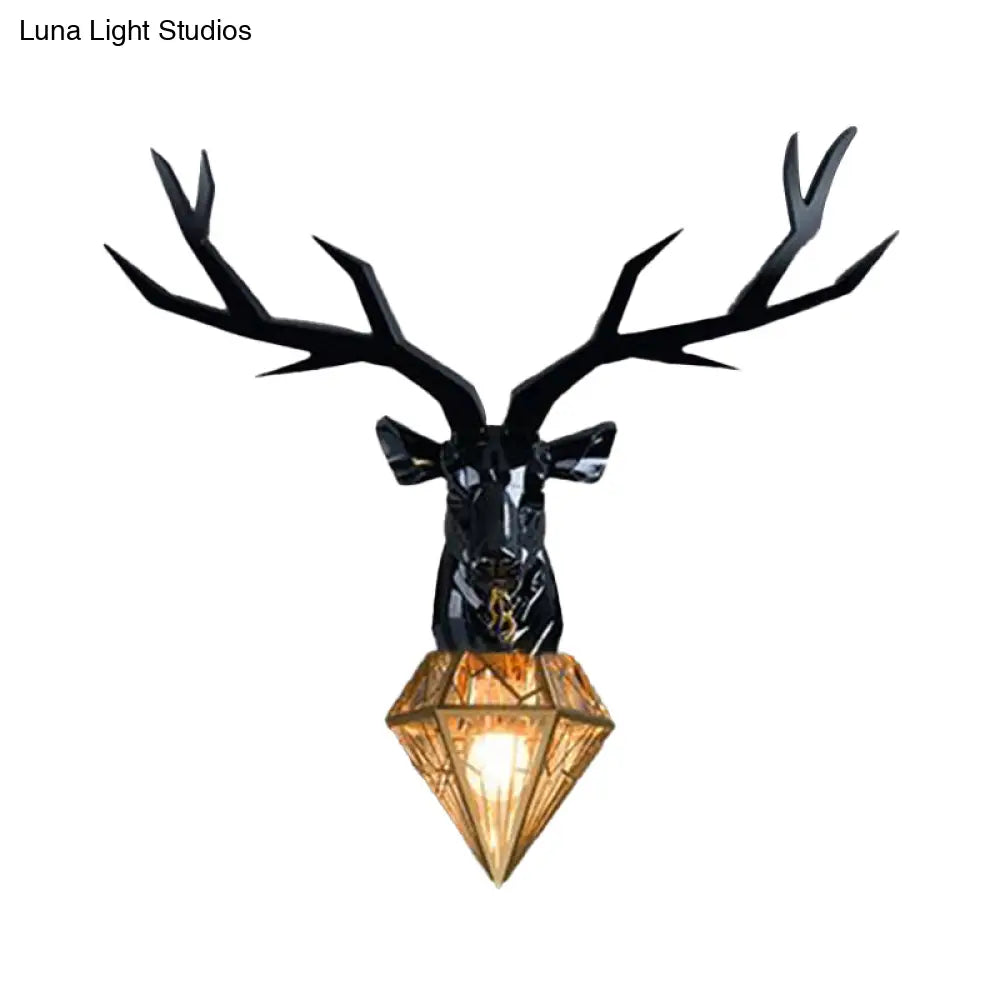 Traditional Resin Deer Wall Light With Diamond Metal Shade - 1 Sconce In White/Black 14.5/19.5 Wide