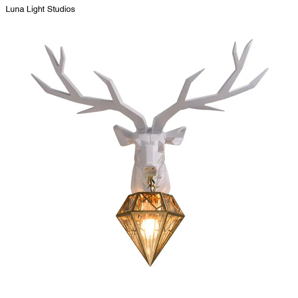 Traditional Resin Deer Wall Light With Diamond Metal Shade - 1 Sconce In White/Black 14.5/19.5 Wide