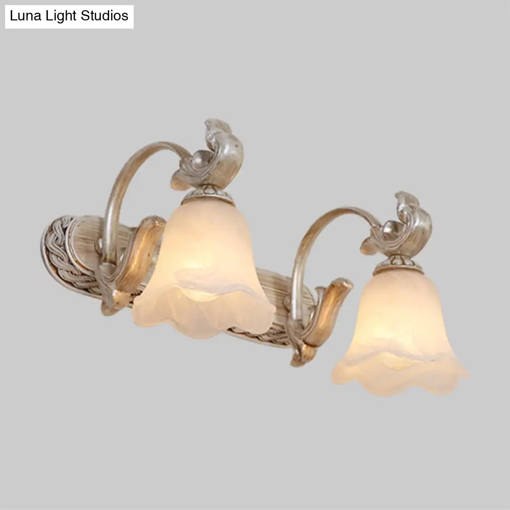 Traditional Ribbed Opal Glass Vanity Fixture With Arched Arm - Light Brown 2/3-Head Wall Sconce