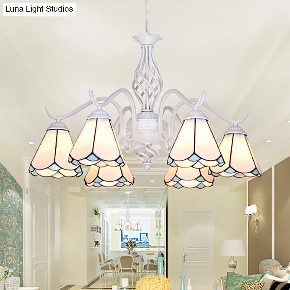 Traditional Stained Glass Pendant Chandelier With White Cone Finish In Blue/White