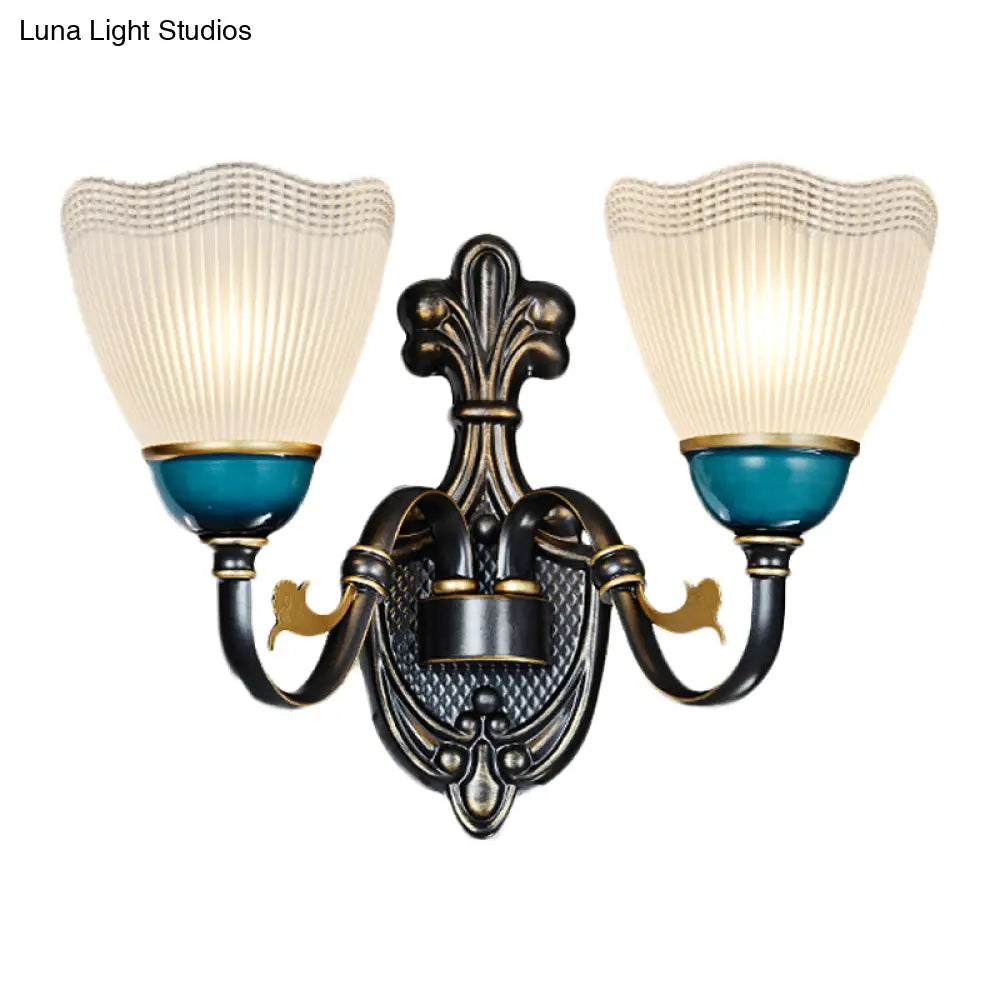 Traditional Wall Mount Sconce Lamp With Ribbed Glass And Curvy Arm Design