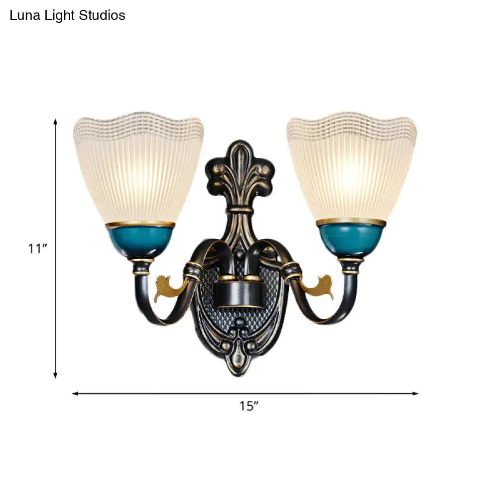 Traditional Wall Mount Sconce Lamp With Ribbed Glass And Curvy Arm Design