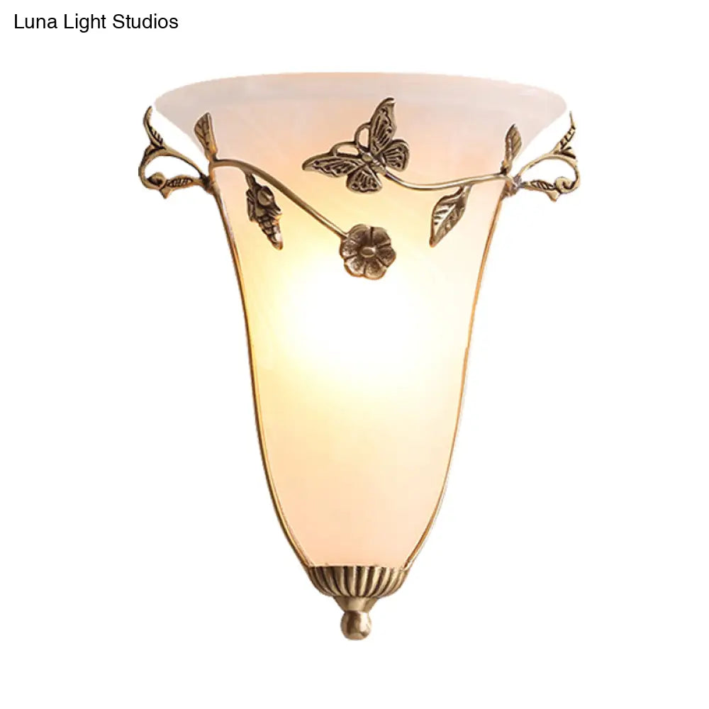 Traditional White Glass Bell Wall Lamp With Brass Sconce - Butterfly And Flower Design