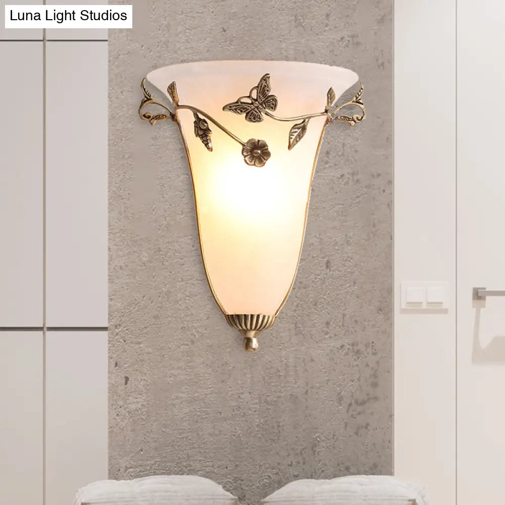 Traditional White Glass Bell Wall Lamp With Brass Sconce - Butterfly And Flower Design