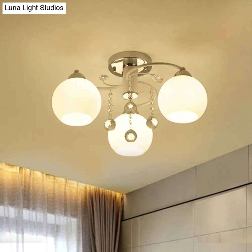 Traditional White Glass Ceiling Lamp With Crystal Draping - 3/5 Head Flush Mount
