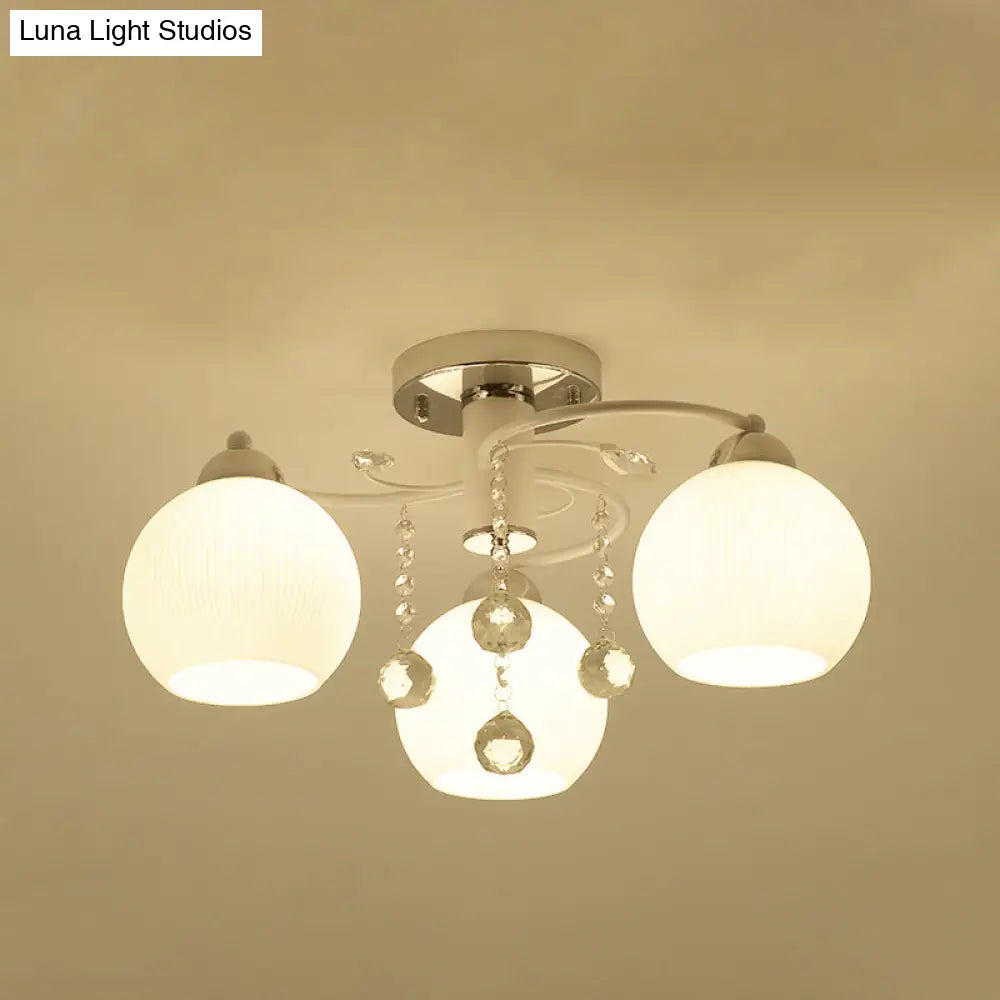 Traditional White Glass Ceiling Lamp With Crystal Draping - 3/5 Head Flush Mount