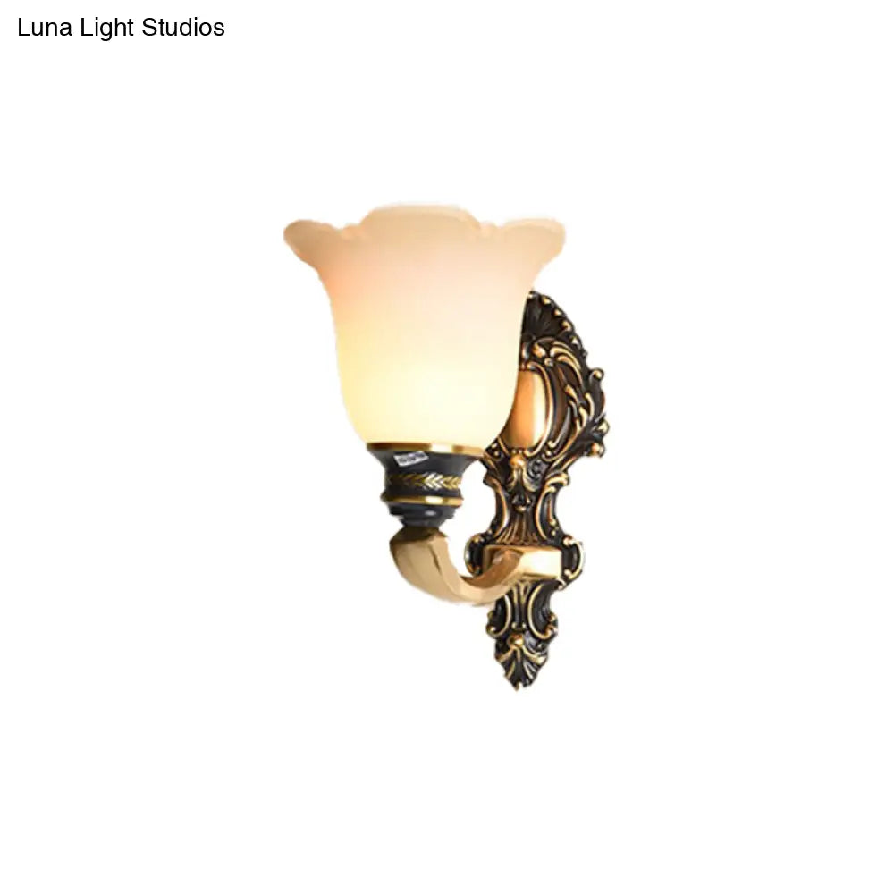Traditional White Glass Floral Wall Sconce Light - Brass 1/2-Light Bedroom Lamp With Curvy Metal Arm