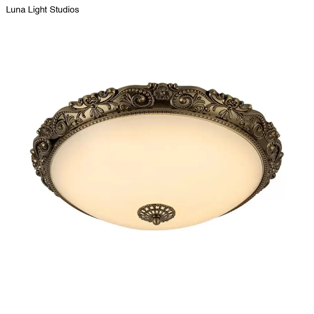 Traditional White Glass Led Bedroom Ceiling Lamp - Brass Domed Flush Mount Lighting (12’/16’/19.5’)