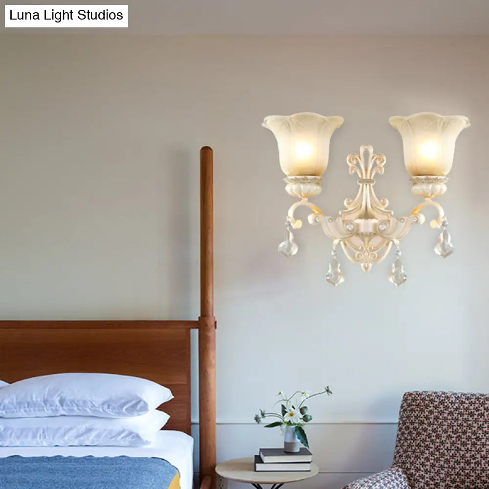 Traditional White Glass Wall Mount Sconce Light With Crystal Drop - 1/2 Lights For Hallways