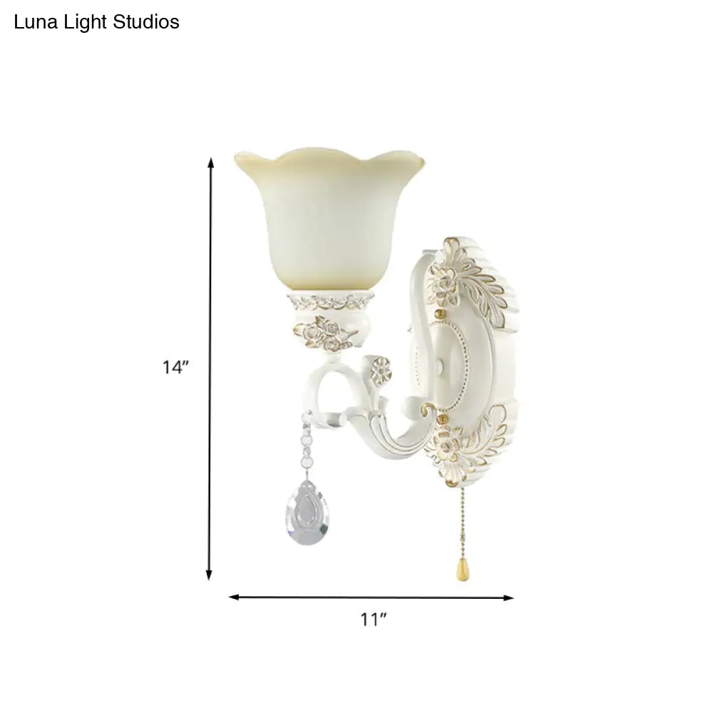 Traditional White Glass Wall Sconce Light With Scalloped Design - 1/2 Lights And Ivory Resin