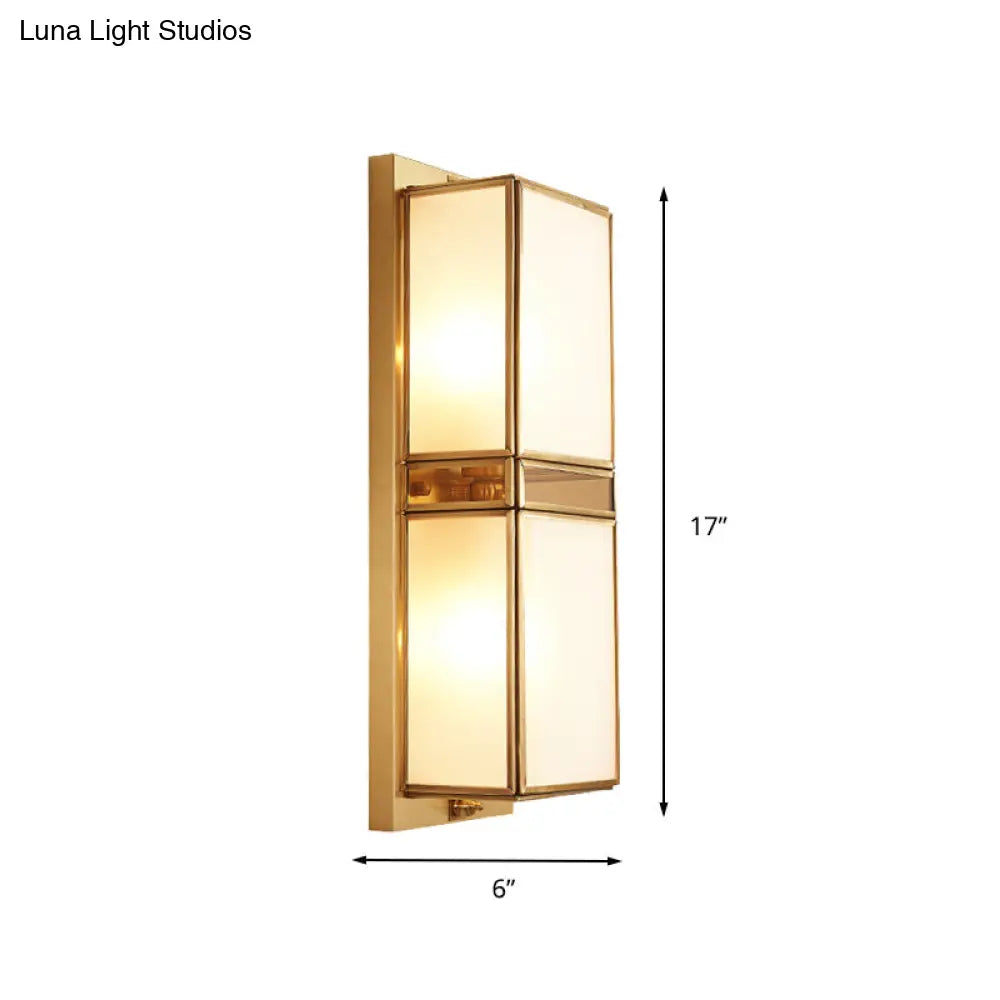 Traditional White Glass Wall Sconce With Brass Rectangle Frame - 1/2 Heads Lighting For Living Room