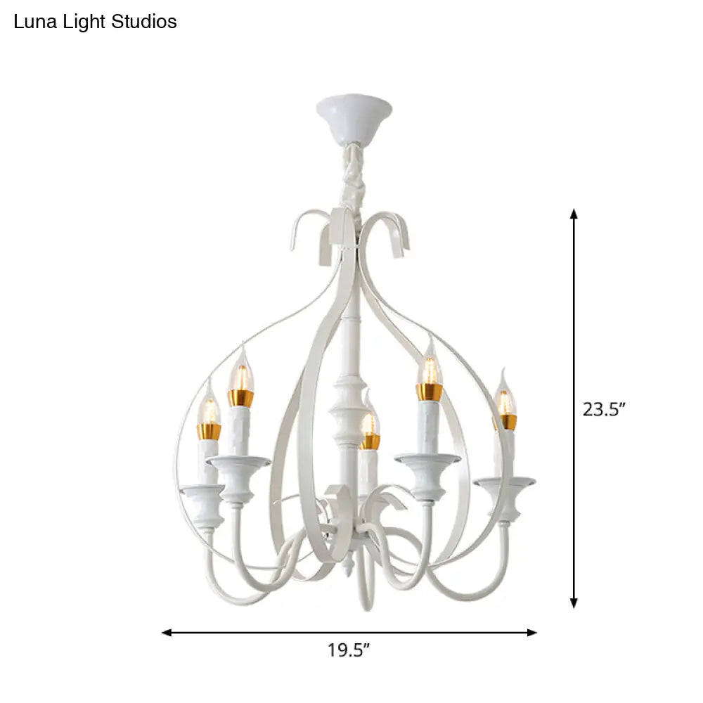 Traditional White Metal Chandelier Light With Swooping Arms 5 Lights For Dining Room Pendant