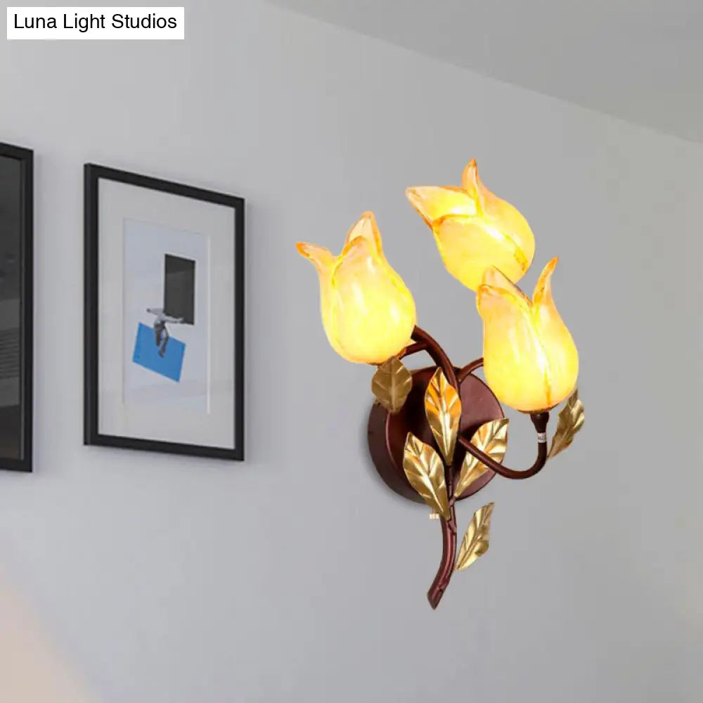 Tulip Wall Lamp - American Garden 3 Metal Led Heads Brass Finish For Bedroom