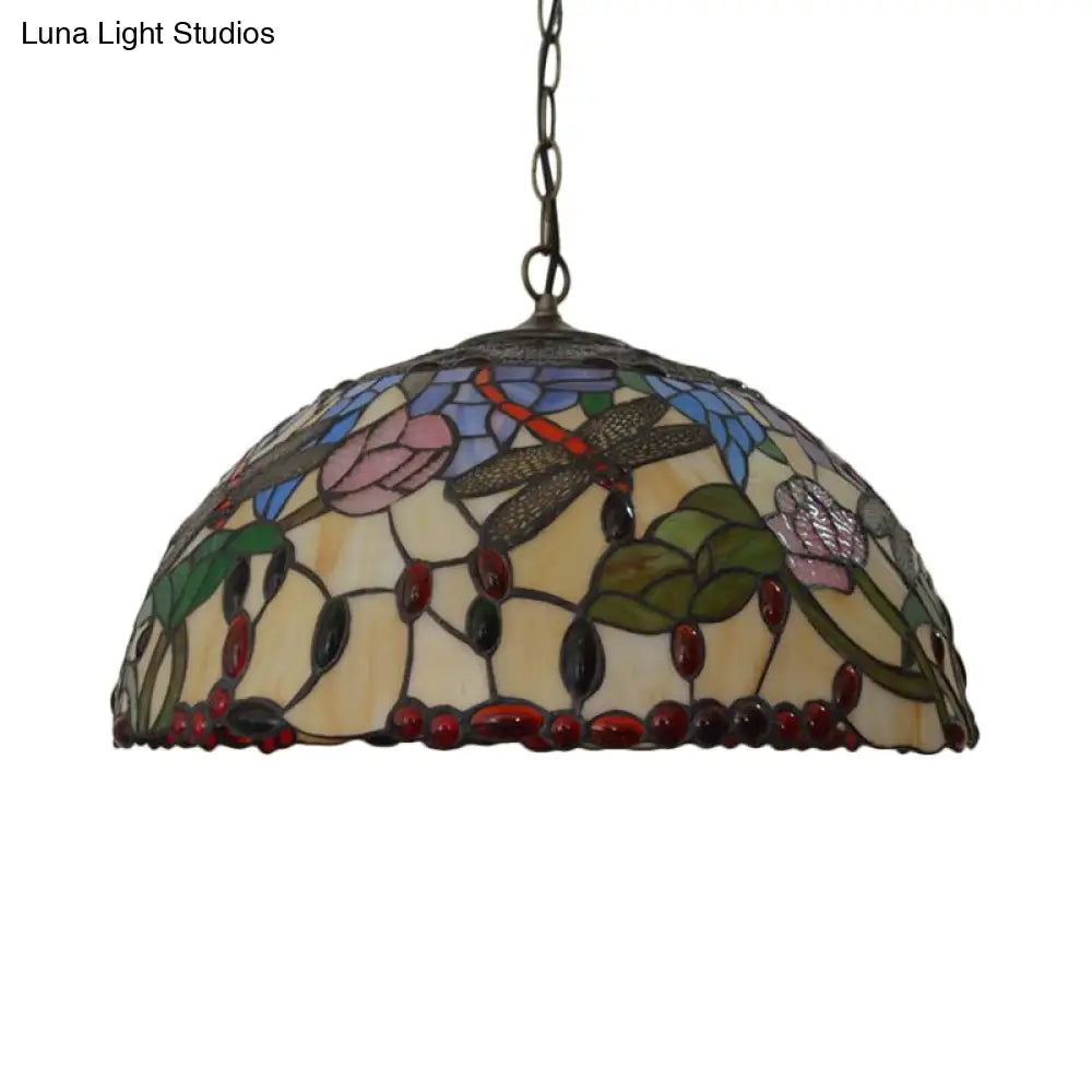 Victorian Bronze Dragonfly Chandelier With Stained Glass Pendant Lights