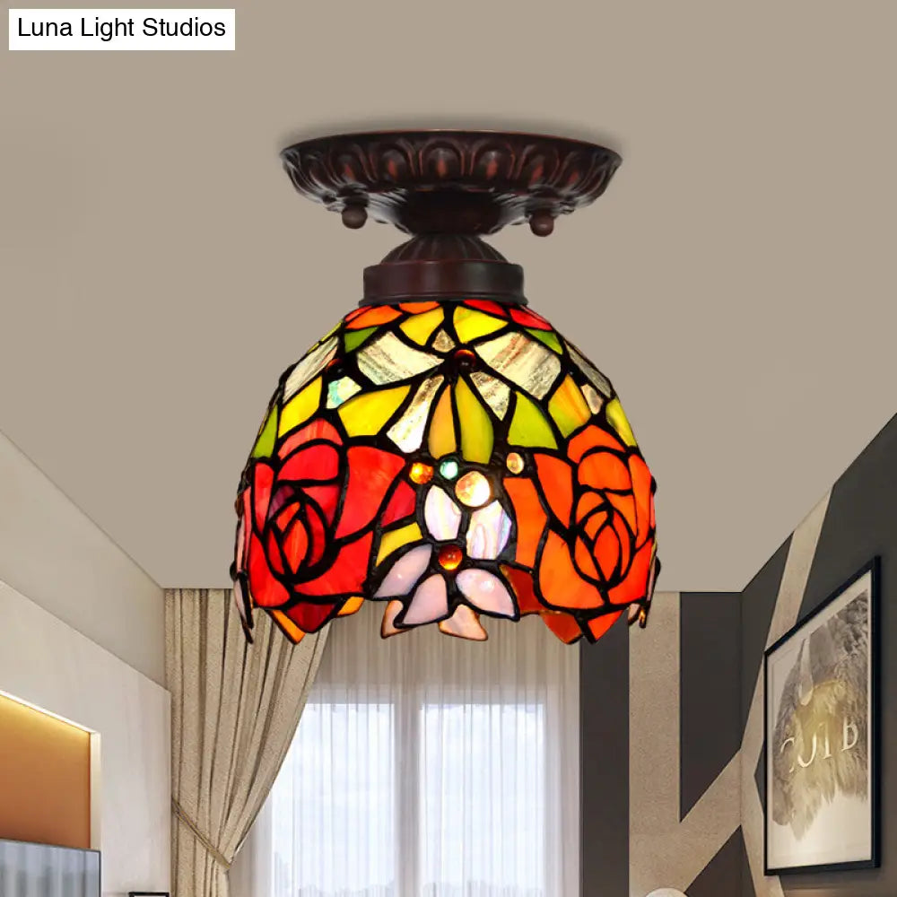 Victorian Ceiling-Mounted Stained Glass Light With Domed Design - 1 Flushmount Red/Pink/Orange