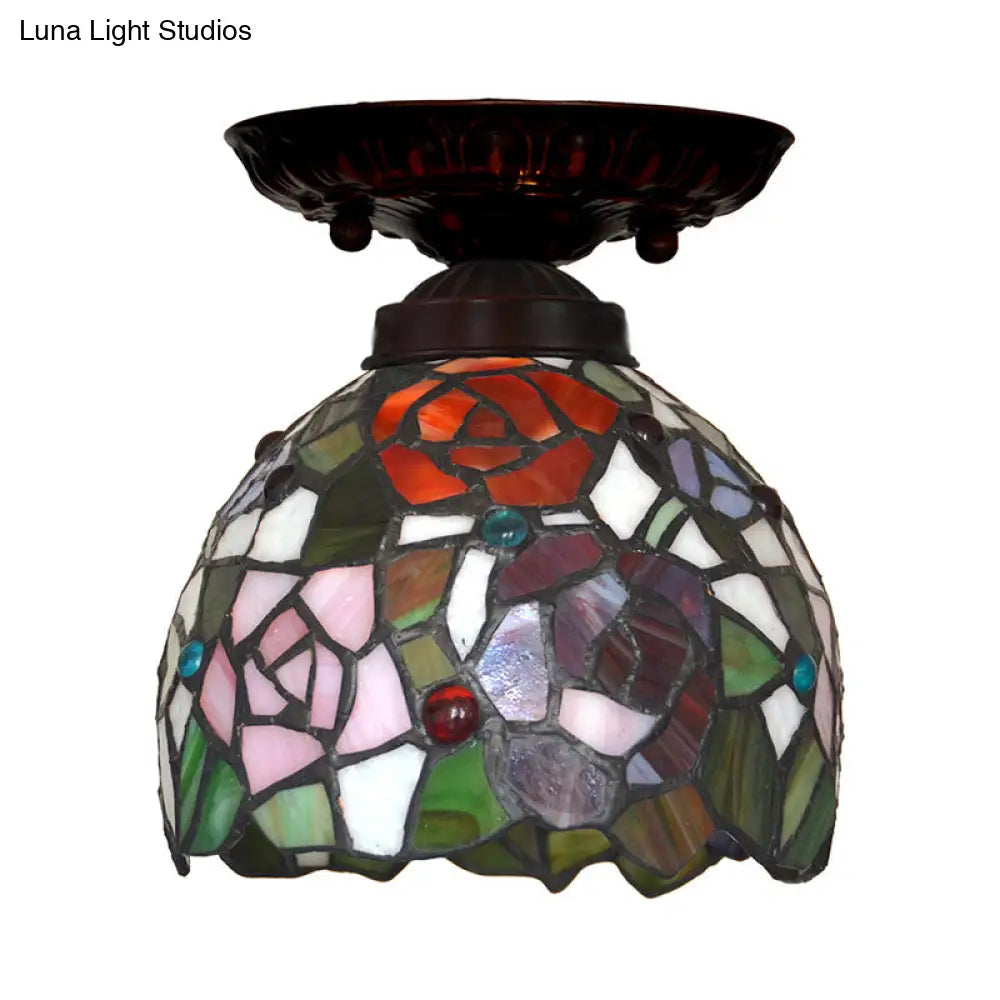 Victorian Ceiling-Mounted Stained Glass Light With Domed Design - 1 Flushmount Red/Pink/Orange