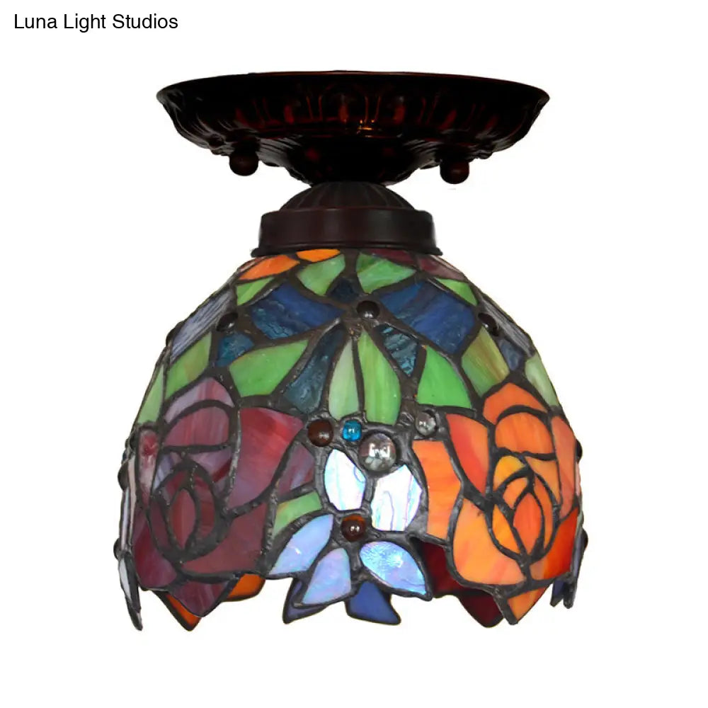 Victorian Ceiling-Mounted Stained Glass Light With Domed Design - 1 Flushmount Red/Pink/Orange
