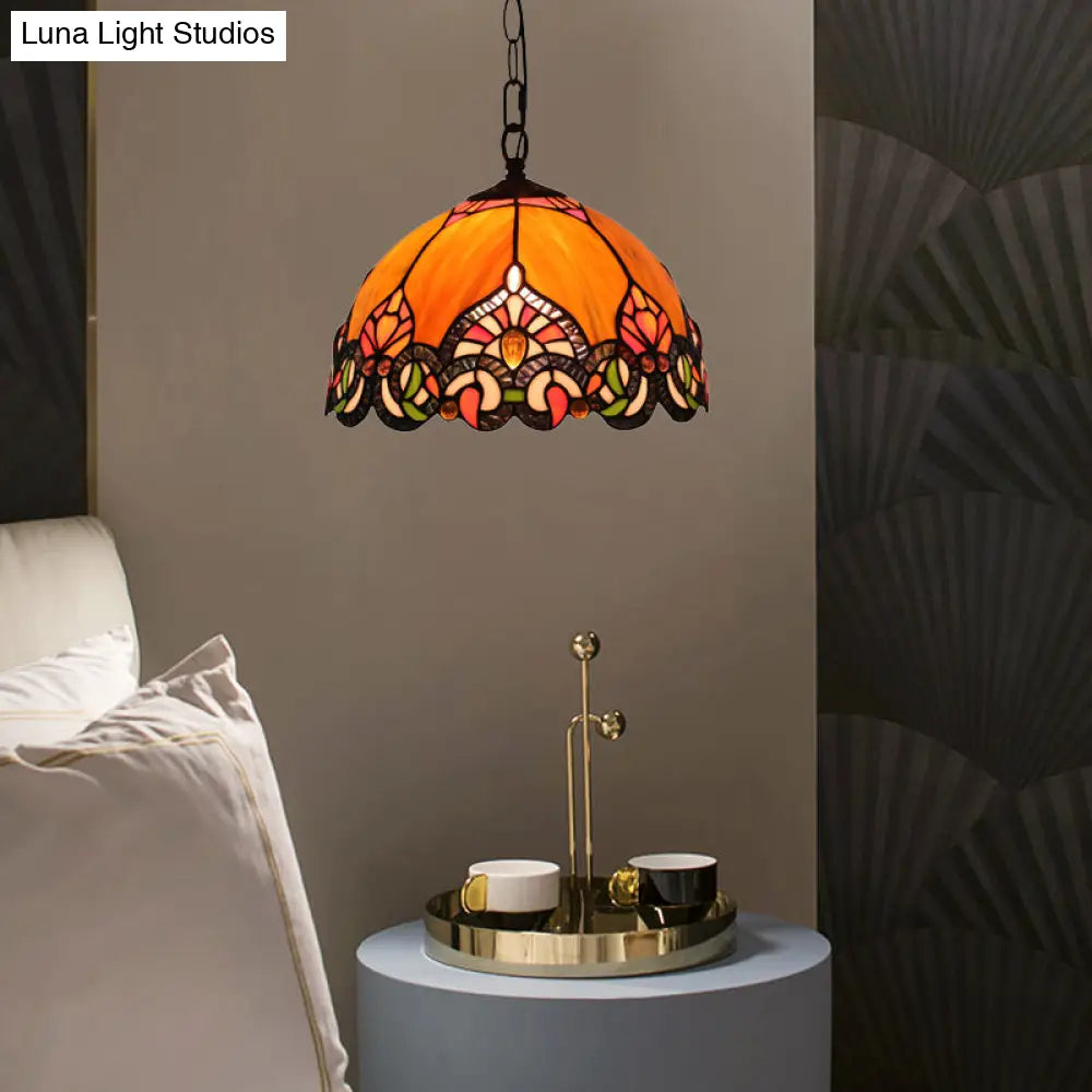Victorian Domed Ceiling Pendant With 1 Light: Elegant Orange Cut Glass Hanging Light Kit For Living