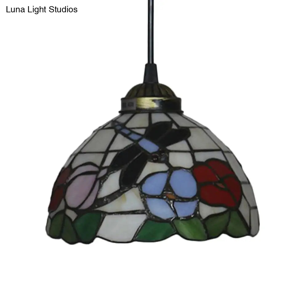 Victorian Floral Ceiling Pendant Light Fixture For Dining Room - Beige/Red/Pink Cut Glass Hanging