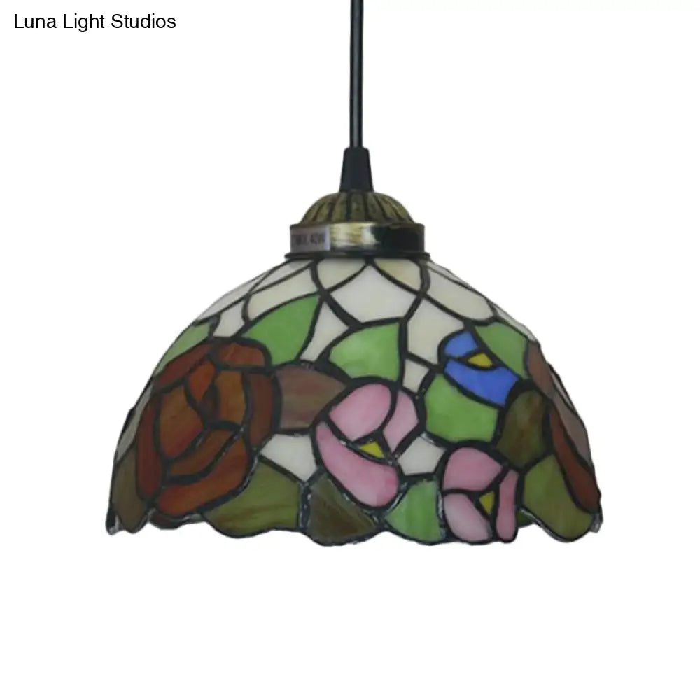 Victorian Floral Ceiling Pendant Light Fixture For Dining Room - Beige/Red/Pink Cut Glass Hanging