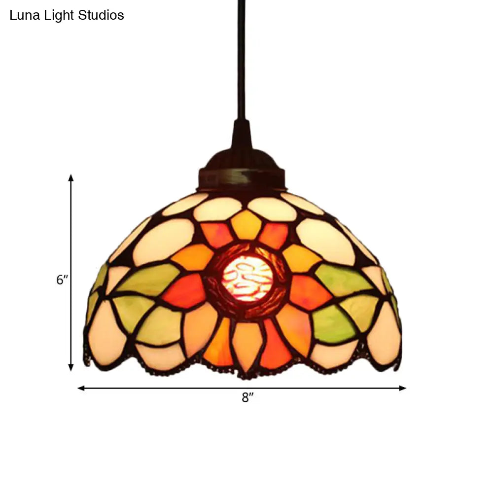 Victorian Floral Ceiling Pendant Light Fixture For Dining Room - Beige/Red/Pink Cut Glass Hanging