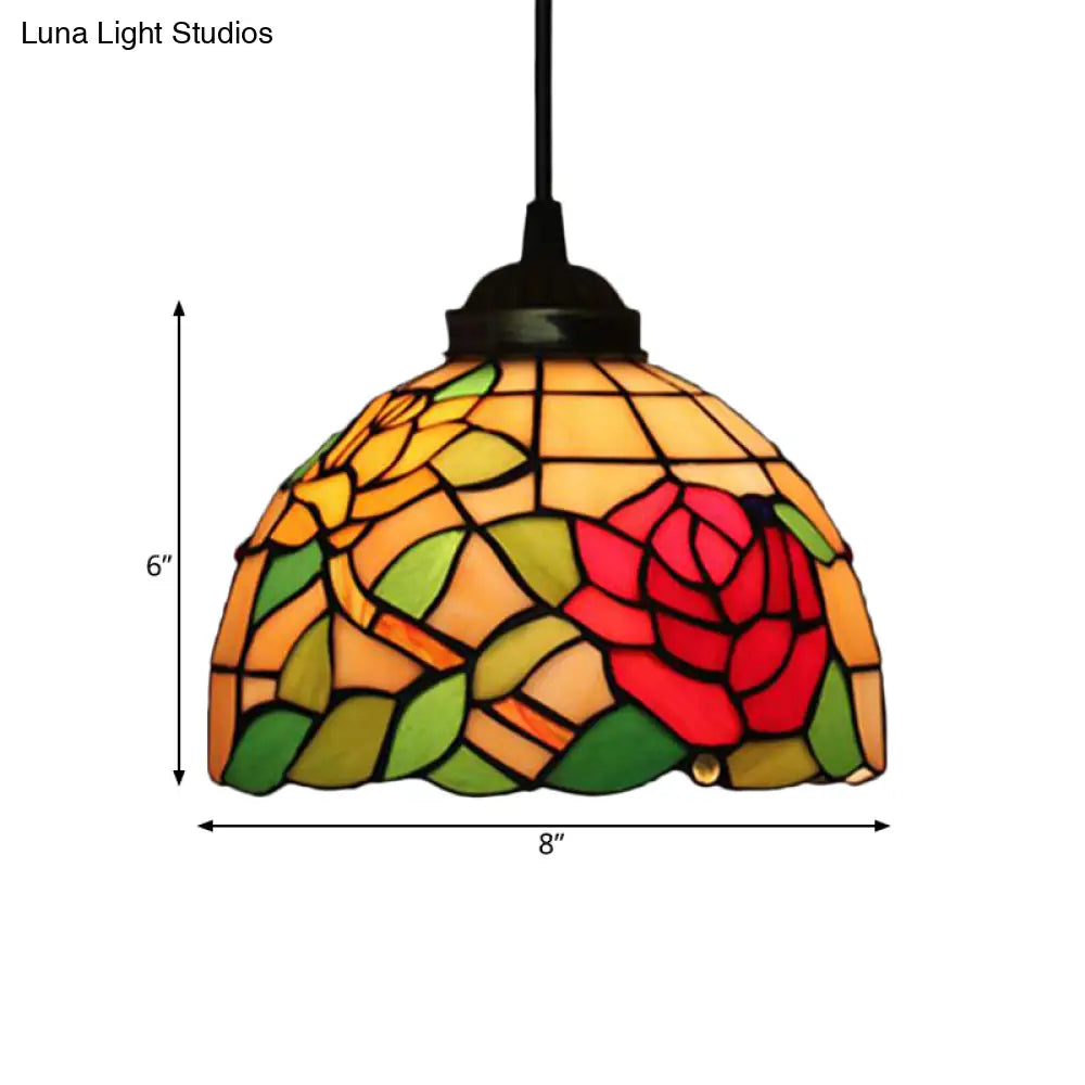 Victorian Floral Ceiling Pendant Light Fixture For Dining Room - Beige/Red/Pink Cut Glass Hanging
