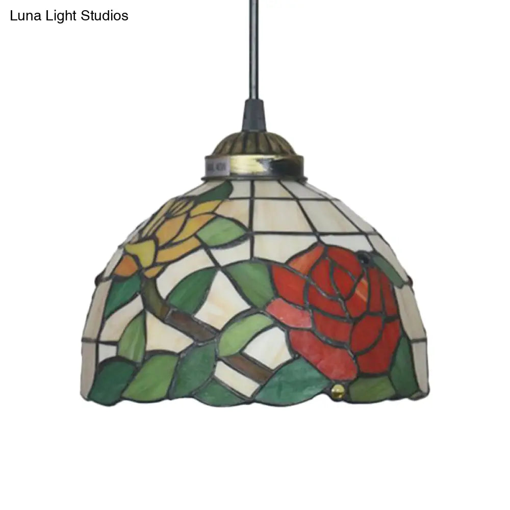 Victorian Floral Ceiling Pendant Light Fixture For Dining Room - Beige/Red/Pink Cut Glass Hanging