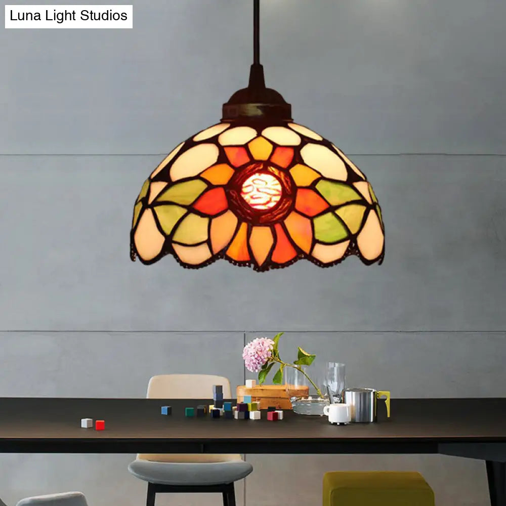 Victorian Floral Ceiling Pendant Light Fixture For Dining Room - Beige/Red/Pink Cut Glass Hanging