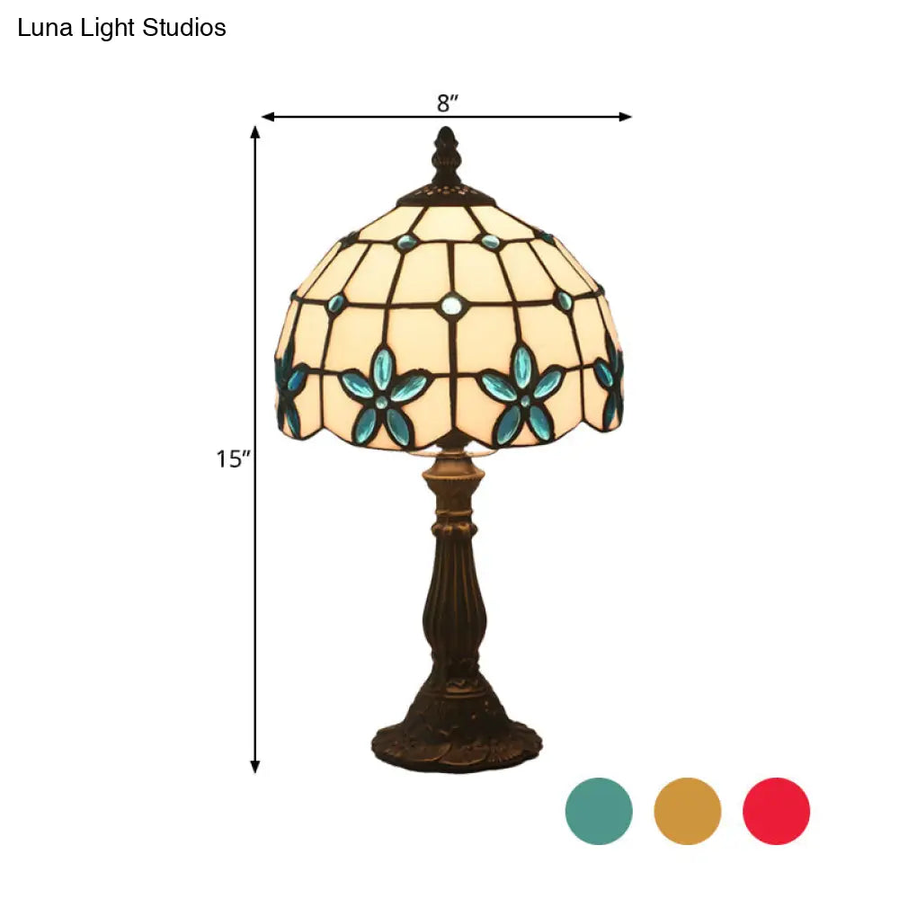 Victorian Lattice Glass Table Lamp - White Bowl Design 1 Light Red/Yellow/Blue Floral Pattern
