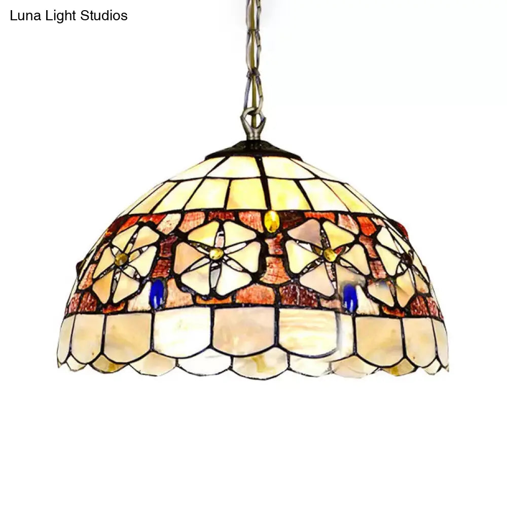 Victorian Shell Beige Dome Suspended Hanging Light Fixture - 8/12/16’ Wide