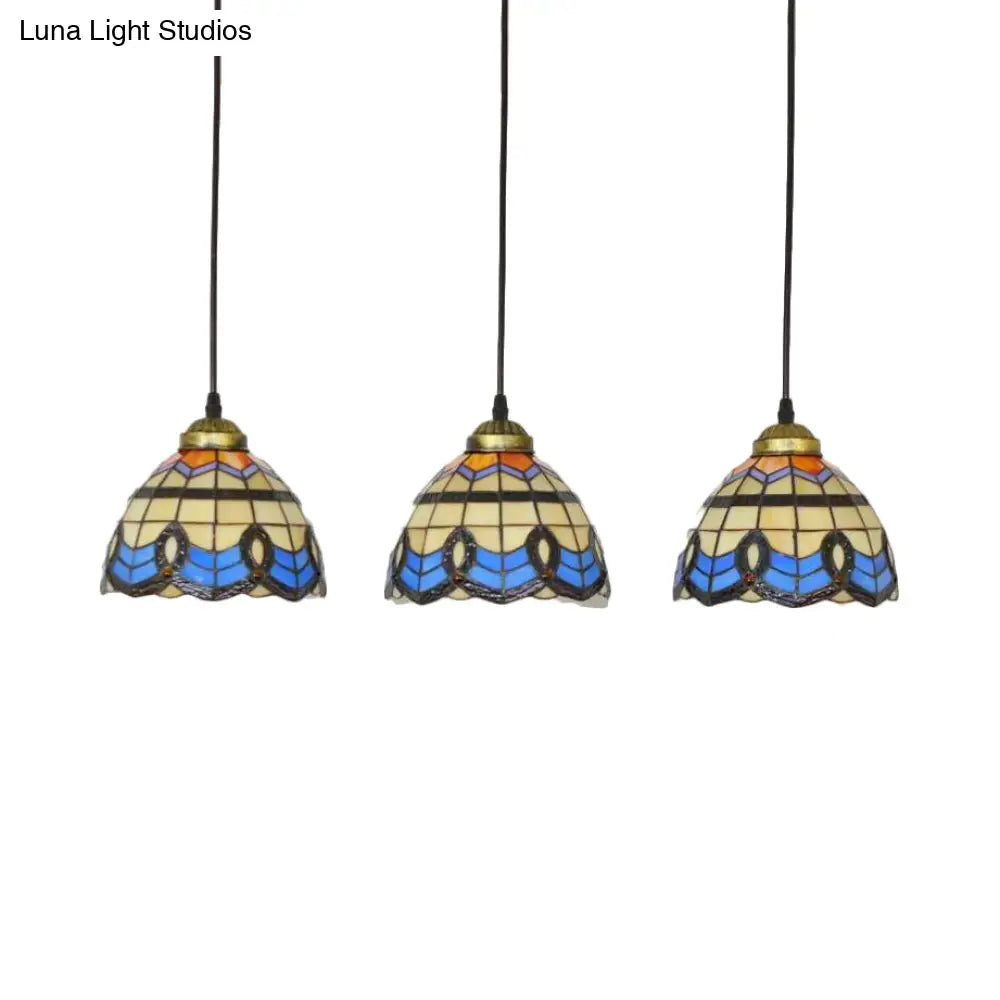 Victorian Tiffany Stained Glass Pendant Light With 3-Bulb Suspension - Blue For Living Room