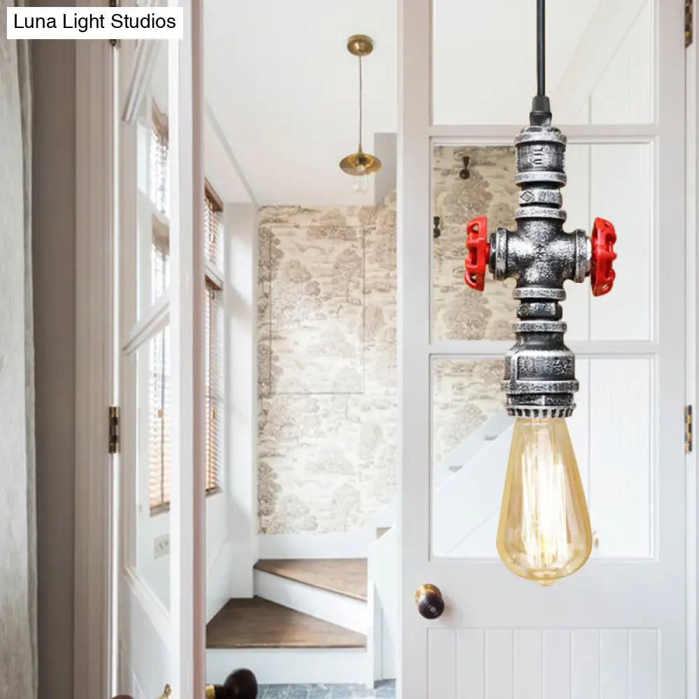 Vintage 1-Head Metal Pendant Light With Exposed Bulb - Antique Black/Silver Finish For Restaurant